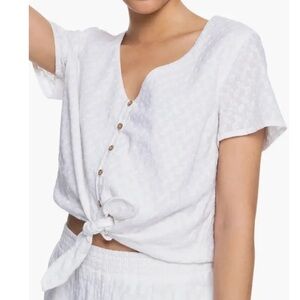 🪷Roxy Woman’s White Lined Crop Tie Front Cotton Top Size Large